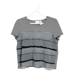 Alfred Dunner Womens B-W Shirt Striped Short Sleeve Stretch Scoop Neck Ruffled L